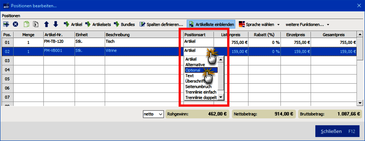 Optionale Positionen Beispiel 1