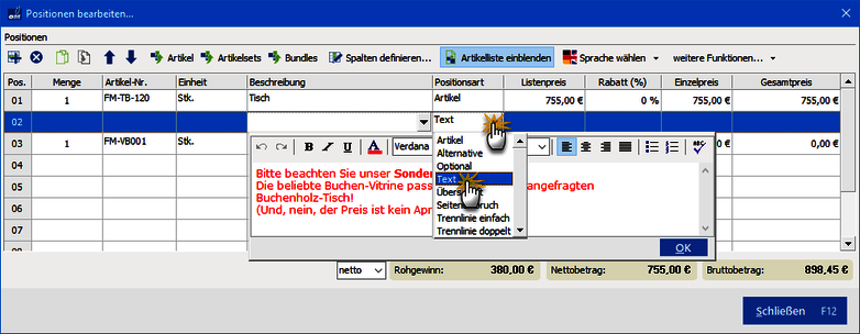 Optionalpositionen Beispiel 3