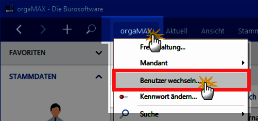 orgaMAX Menü Benutzer wechseln orgaMAX Menü Benutzer wechseln