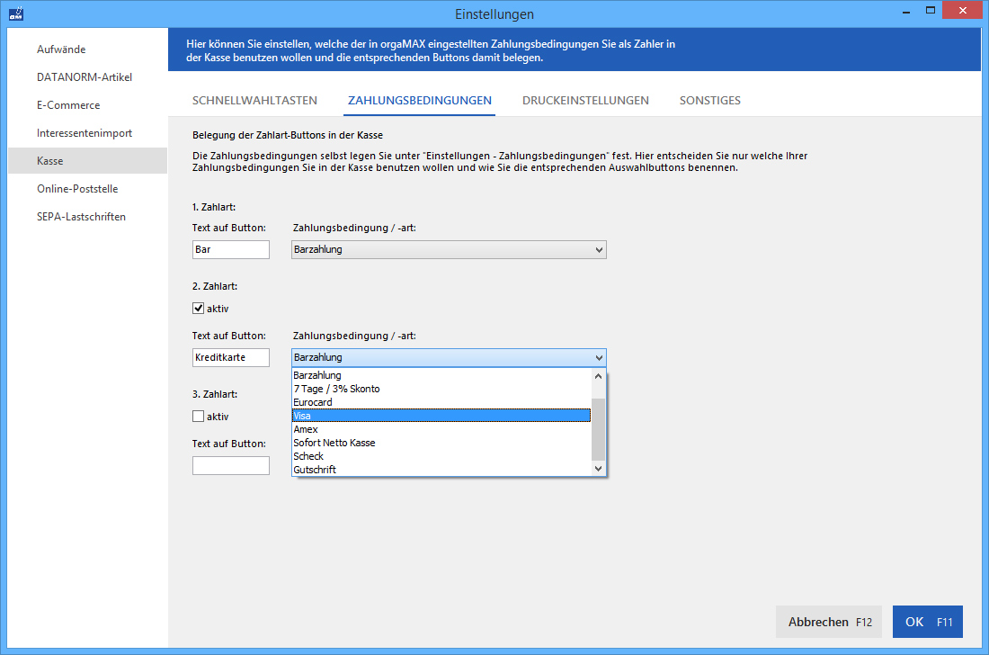 Registrierkasse: Einstellungsbildschirm | orgaMAX Bürosoftware