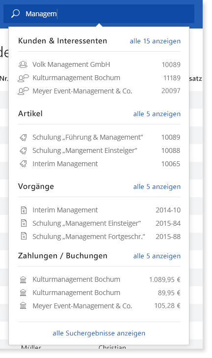 Zentrale Suche: Beispiel Sucheingabe | orgaMAX Bürosoftware
