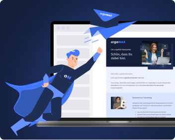 Illustration eines Superhelden vor Laptop mit geöffnetem orgaMAX Newsletter auf dem Bildschirm