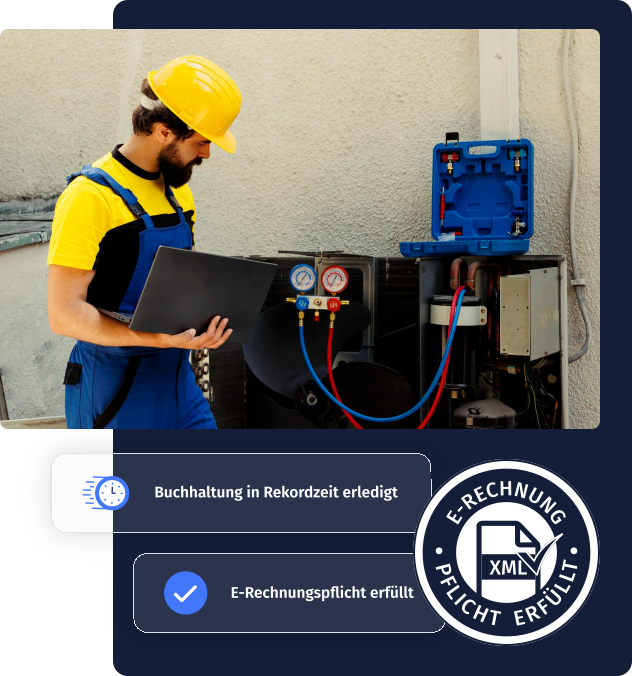 Ein Sanitär- und Heizungsprofi überprüft eine Anlage mit Laptop auf der Baustelle. Darunter Hinweise auf schnelle Buchhaltung und erfüllte E-Rechnungspflicht. Perfekt für Sanitär- & Heizungsprofis: Buchhaltung digital und effizient erledigen.