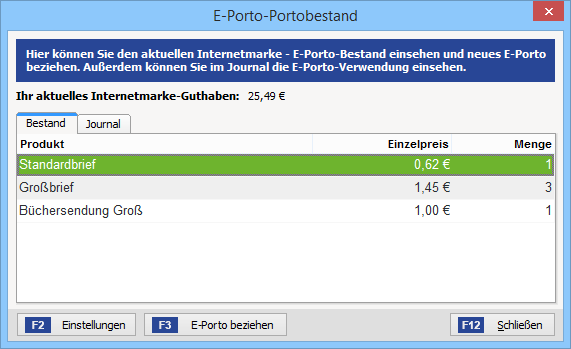 Abruf: E-Porto-Portobestand | orgaMAX Bürosoftware