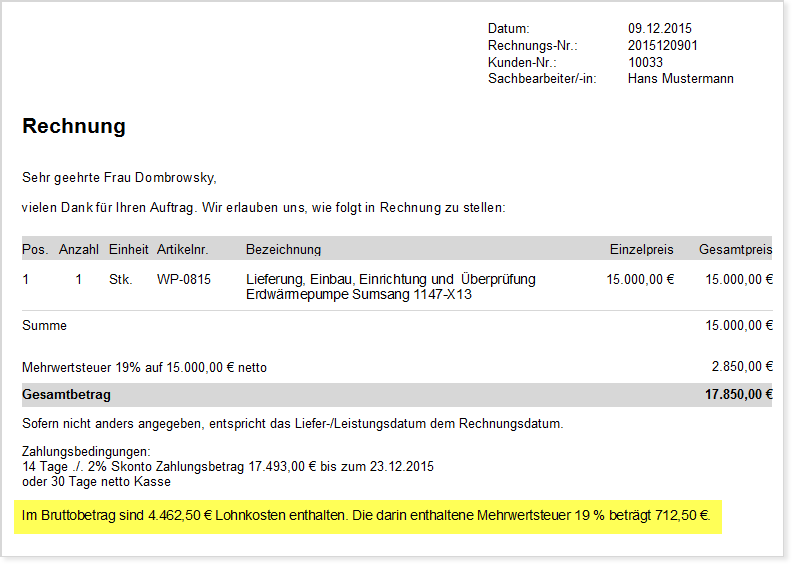 Rechnung Lohnanteil Rechnung Lohnanteil