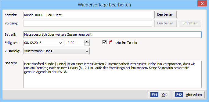 Wiedervorlage erstellen Wiedervorlage erstellen