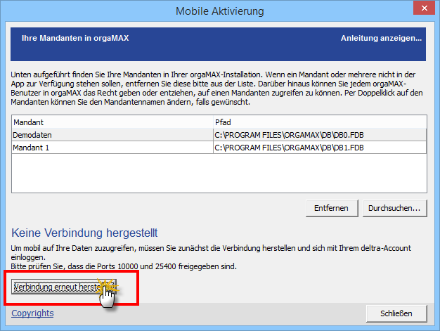 Mobile Aktivierung orgaMAX Mobile App: Beispielanmeldung