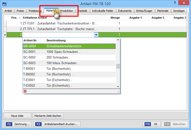 Zusatzmodul Produktion: Eingabe des Materialbedarfs | orgaMAX Bürosoftware