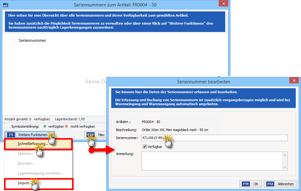 Vorgehensweise bei der Schnellerfassung von Seriennummern | orgaMAX Bürosoftware