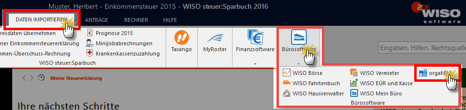 Importieren von orgaMAX Daten in das WISO Steuer:Sparbuch | orgaMAX Bürosoftware