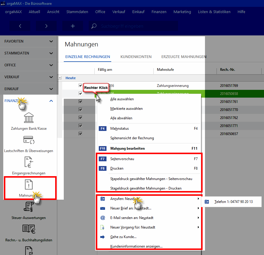 Kontaktaufnahme im Mahnungsmenü | Vorgehensweise | orgaMAX Bürosoftware