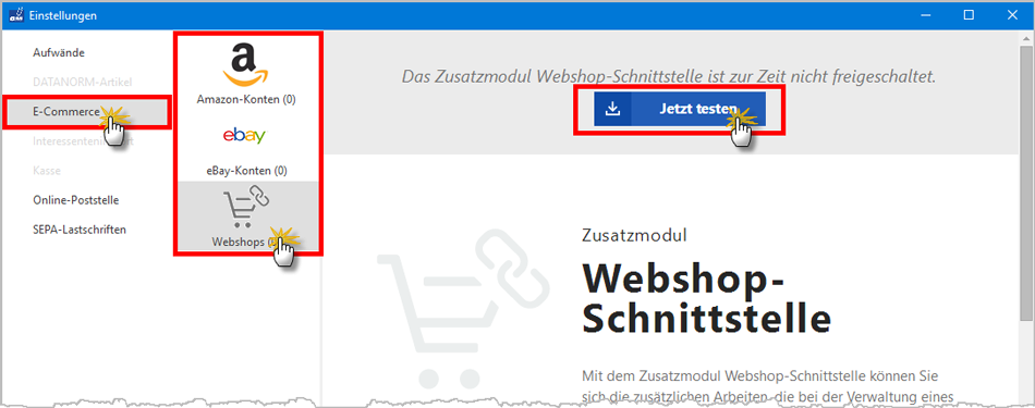 Zusatzmodul Webshopschnittstelle testen | orgaMAX Bürosoftware