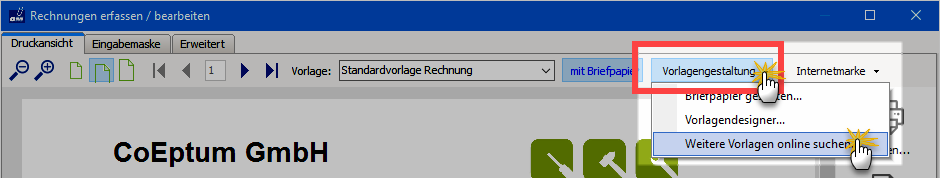 Online-Suche weiterer Vorlagen im Auswahlmenü „Vorlagengestaltung“ | orgaMAX Praxistipp