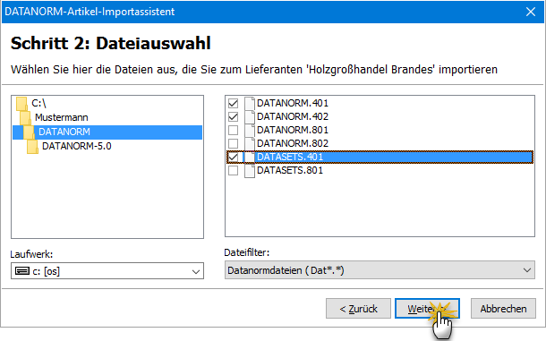 Lieferantenauswahl im DATANORM-Artikel-Importassistenten | orgaMAX Bürosoftware