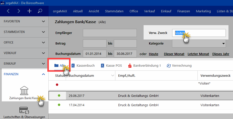 Filter in Zahlungen Bank/Kasse: Alle-Ansicht | orgaMAX Bürosoftware