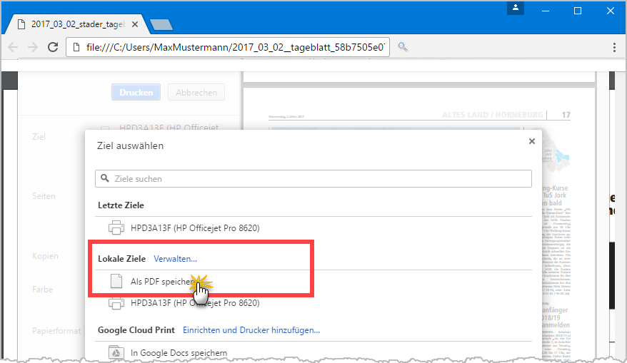 PDFs filetieren: Auszug aus Browser-Druckmenü | orgaMAX Bürosoftware