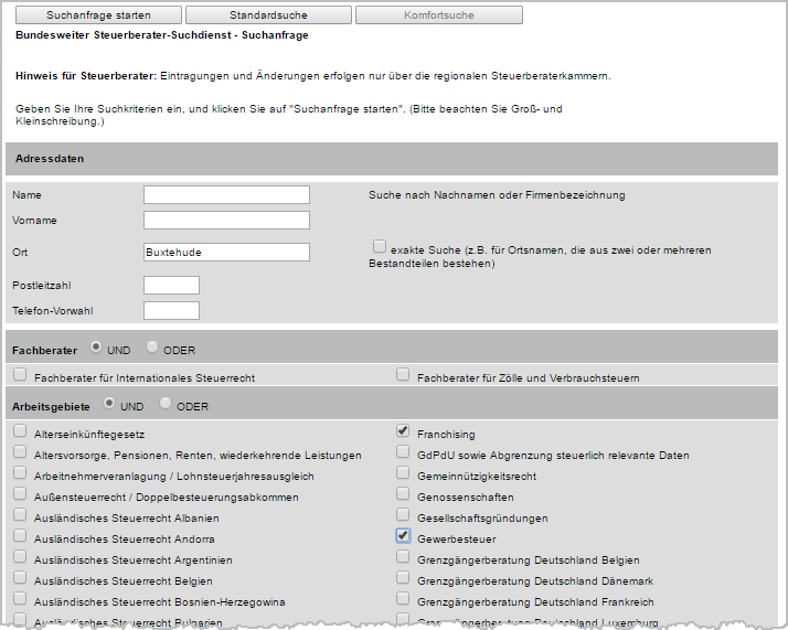 Suchmaske des bundesweiten Steuerberater-Suchdienstes | orgaMAX Bürosoftware