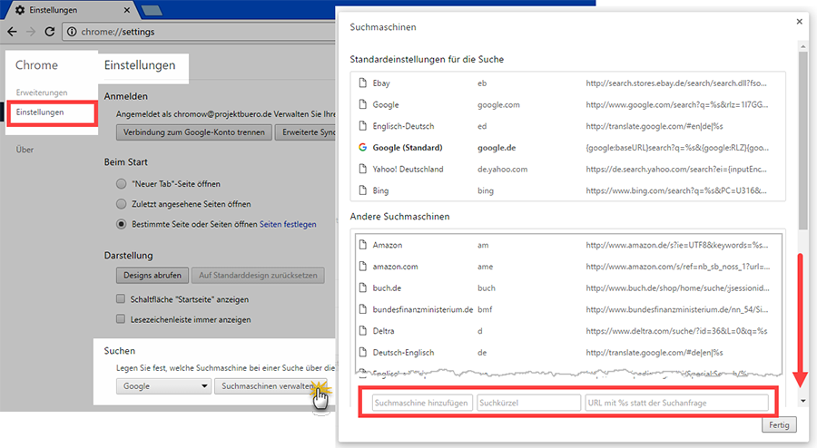 Spezial-Suchmaschine | Standardeinstellungen für die Suche | orgaMAX Bürosoftware