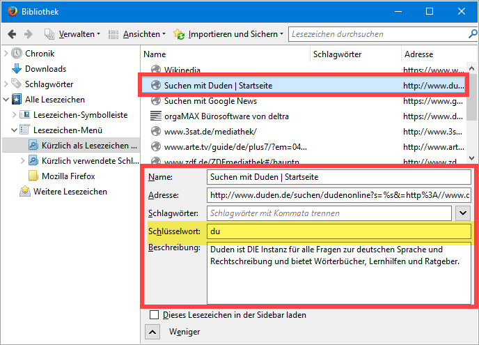Intelligente Schlüsselwörter in der Lesezeichen-Bibliothek | orgaMAX Bürosoftware