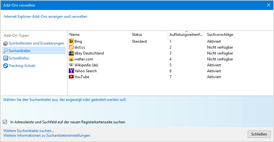Suchanbieter-Liste in der AddOn-Verwaltung