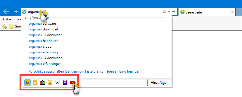 Auswahl verschiedener Suchanbieter in der Suche | orgaMAX Bürosoftware