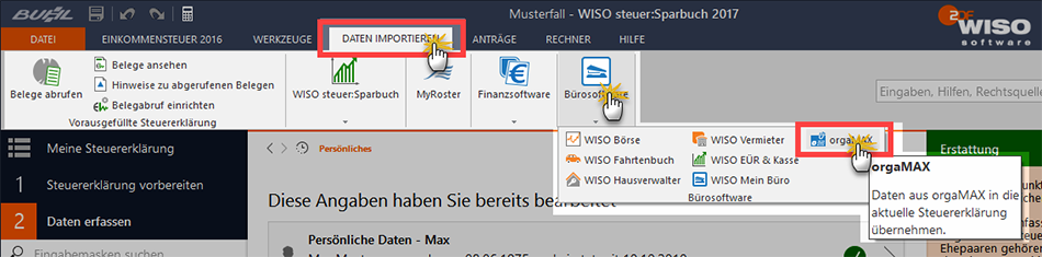 Importieren von orgaMAX Daten in das WISO Steuer:Sparbuch | orgaMAX Bürosoftware