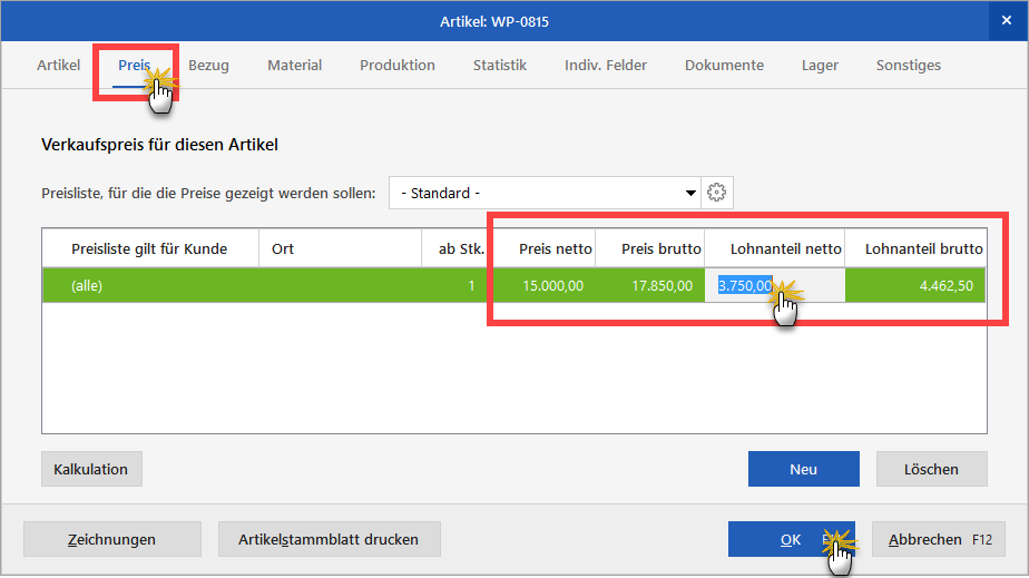 Lohnanteil in Artikelpreisen