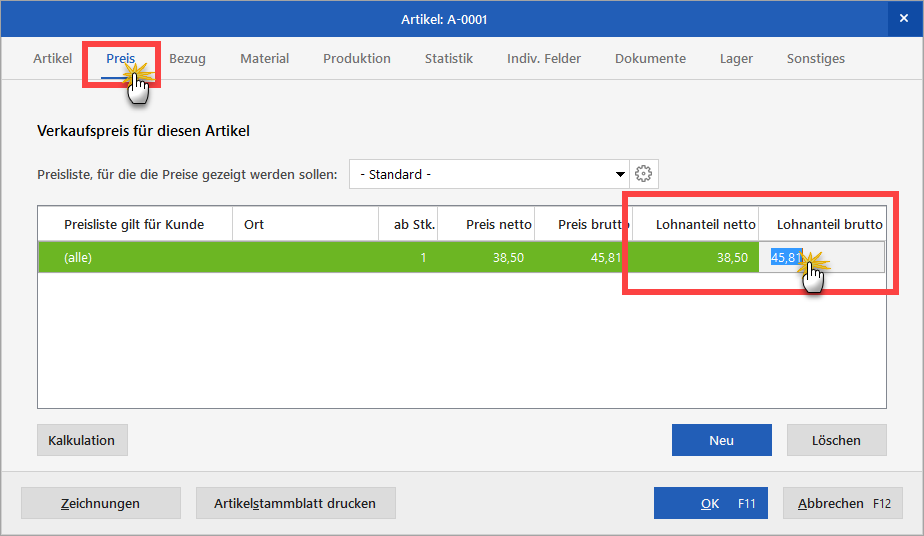 Lohnanteil in Artikelpreisen
