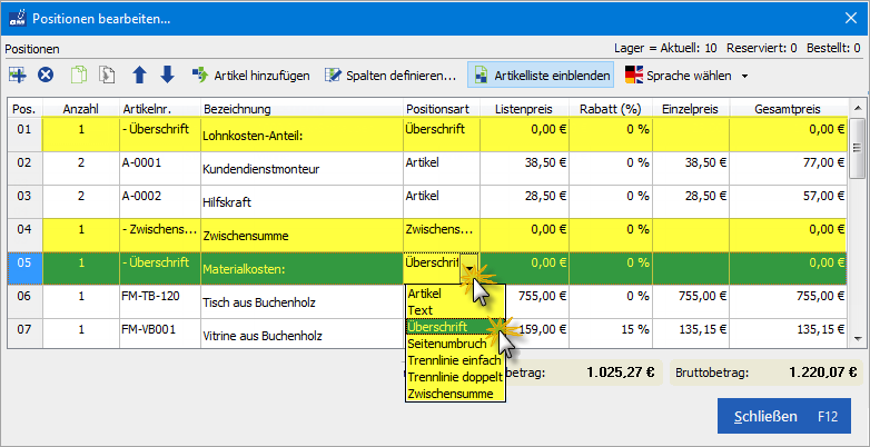 Positionsarten im Rechnungs-Dialog