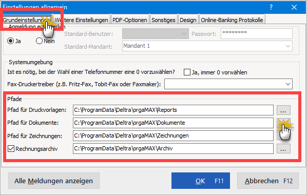 Pfadeinstellungen für Rechnungsarchiv
