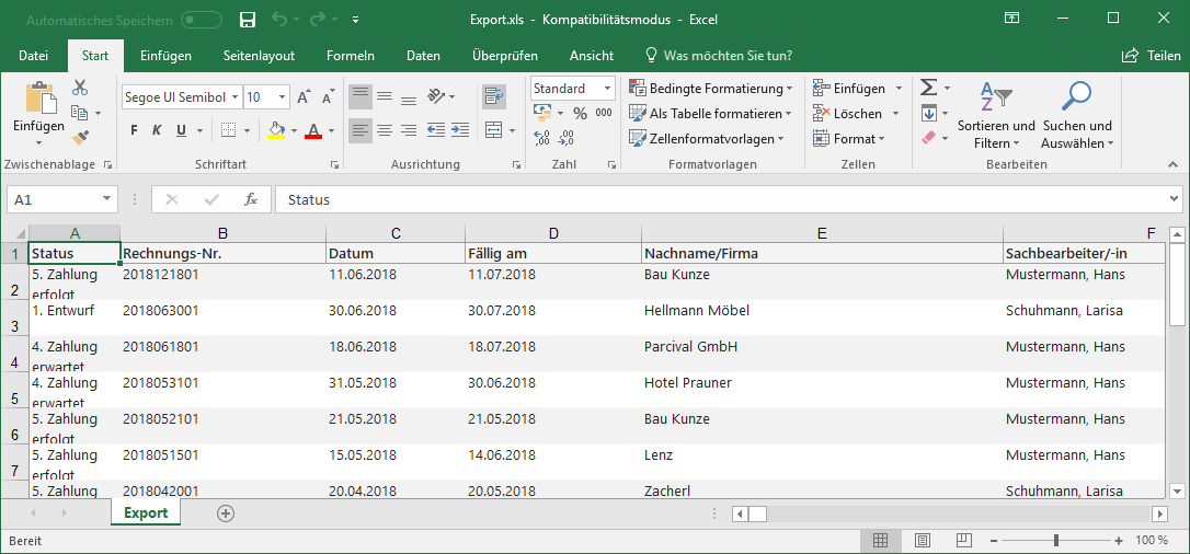 Excel Tabelle mit orgaMAX Excel Tabelle mit orgaMAX