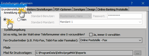Grundeinstellung Anmeldung Grundeinstellung Anmeldung