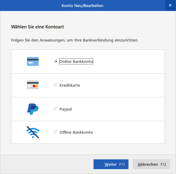 Auswahldialog Kontoarten Auswahldialog Kontoarten