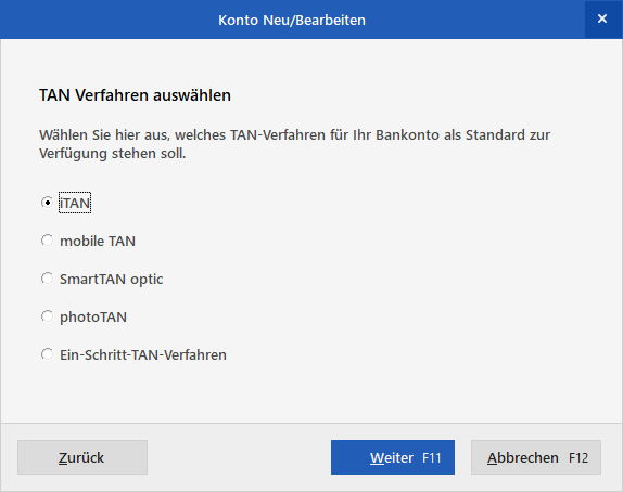 Auswahldialog TAN-Verfahren Auswahldialog TAN-Verfahren