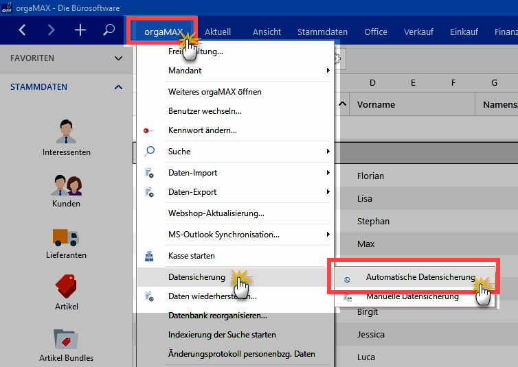 Sicherung PRO Menü orgaMAX