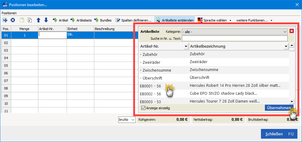 Positionsauswahl orgaMAX Positionsauswahl orgaMAX